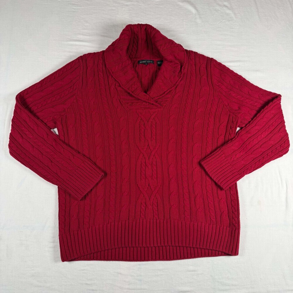 Jeanne Pierre Red Cable Knit Sweater Womens Large 100% Cotton Shawl Collar Pullo
